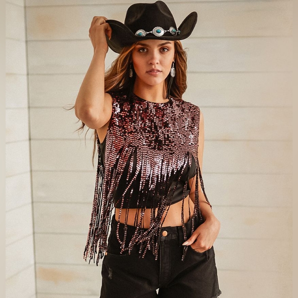 Sequin Fringe Tank Top - Black
